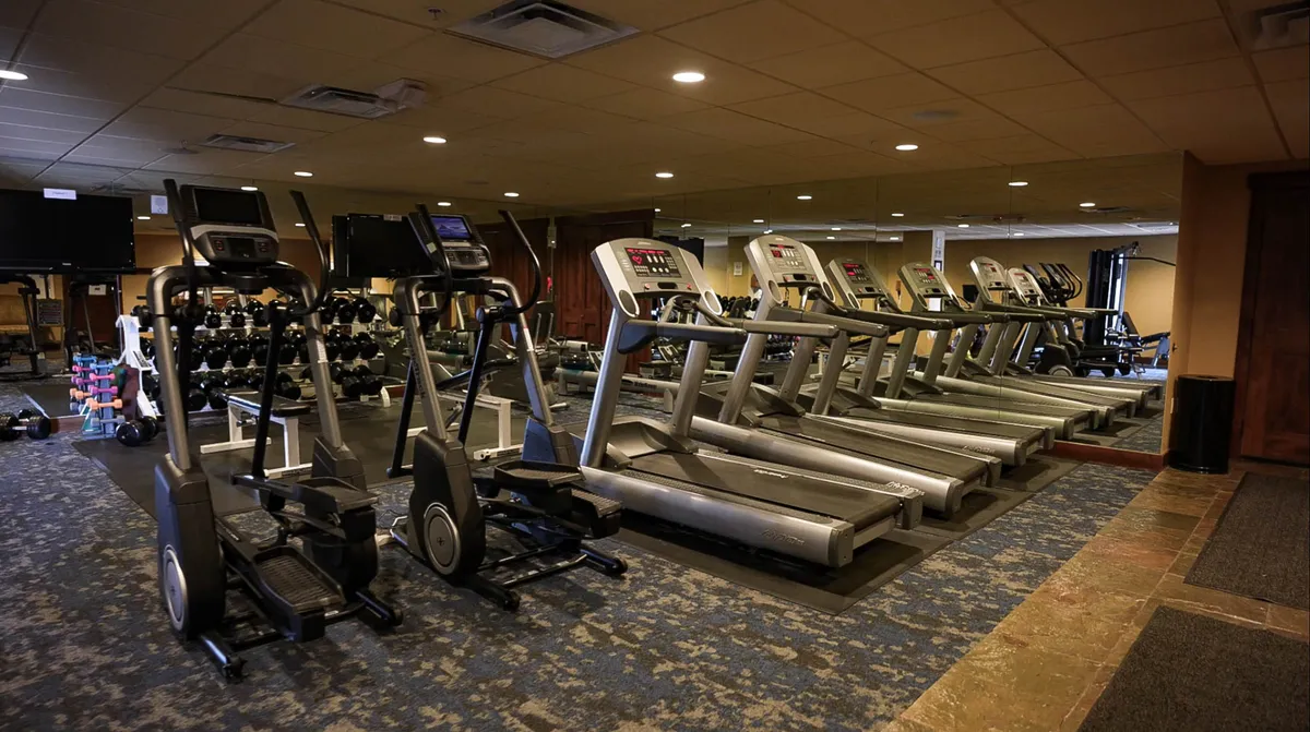 A modern fitness center with a row of treadmills and ellipticals facing large windows, along with a rack of dumbbells and mats neatly arranged for exercise. The room is brightly lit and well-equipped, ideal for solo workouts or group fitness sessions.